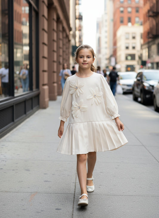 3 to 7 Years Young Girls 3D Flower Solid Color Long Sleeves Pleated Elegant Dress for Young Girl Fall and Spring Clothes