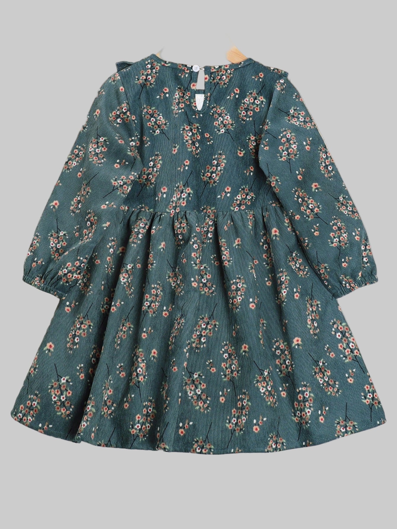 Young Girl Casual Ruffle Trim round Neck Long Sleeve Floral Dress for Autumn and Winter