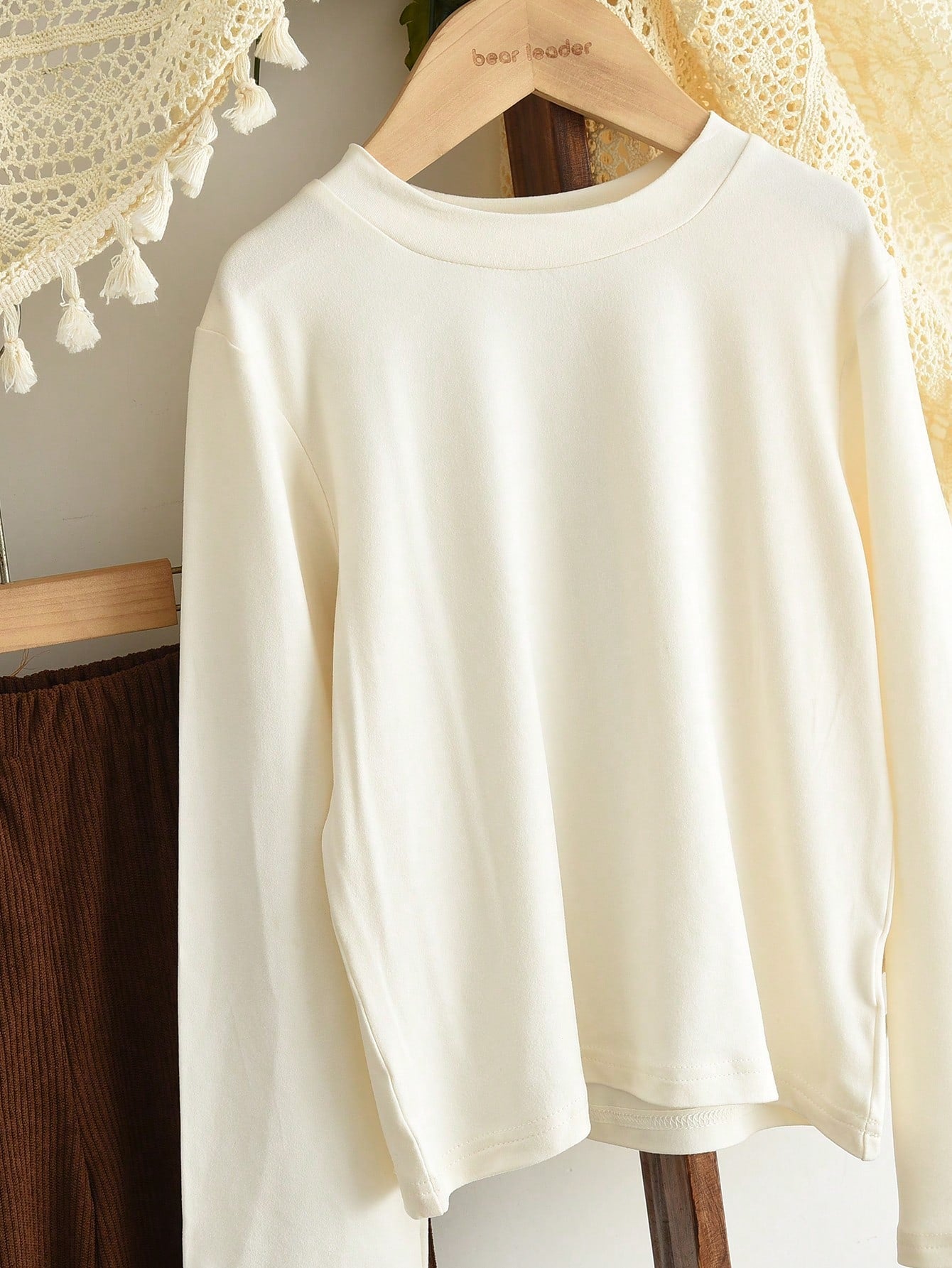 3 Pieces Clothes Sets for Tween Girls Fall Solid Color Basic Long Sleeves Tops, Brown Tamk Vest and Lace Wide Leg Pants Fashion Outwear