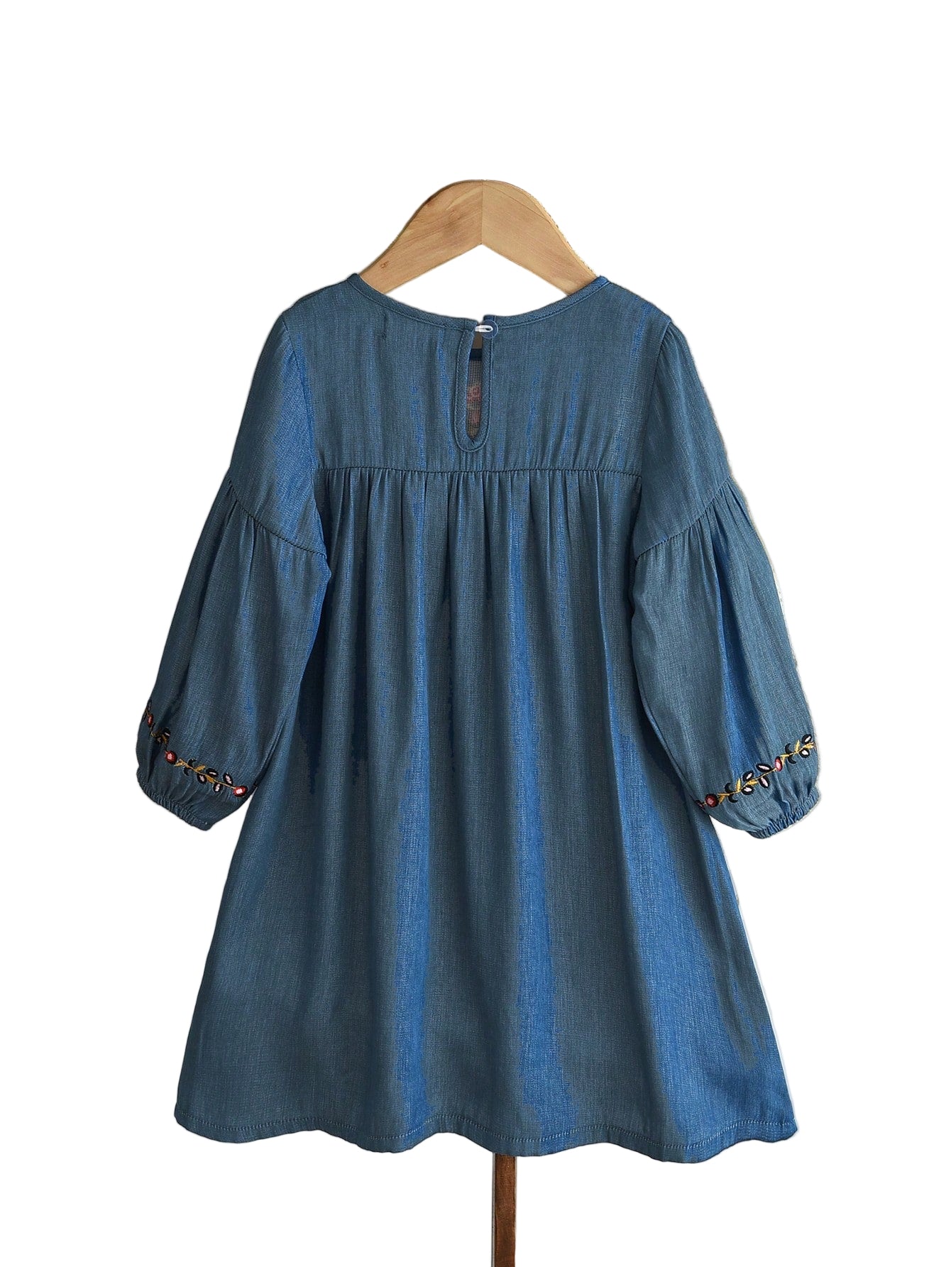 Young Girls' Denim-Effect Long Sleeves Floral Embroidered Dress Fall and Spring Clothes for Young Girl Casual Wear