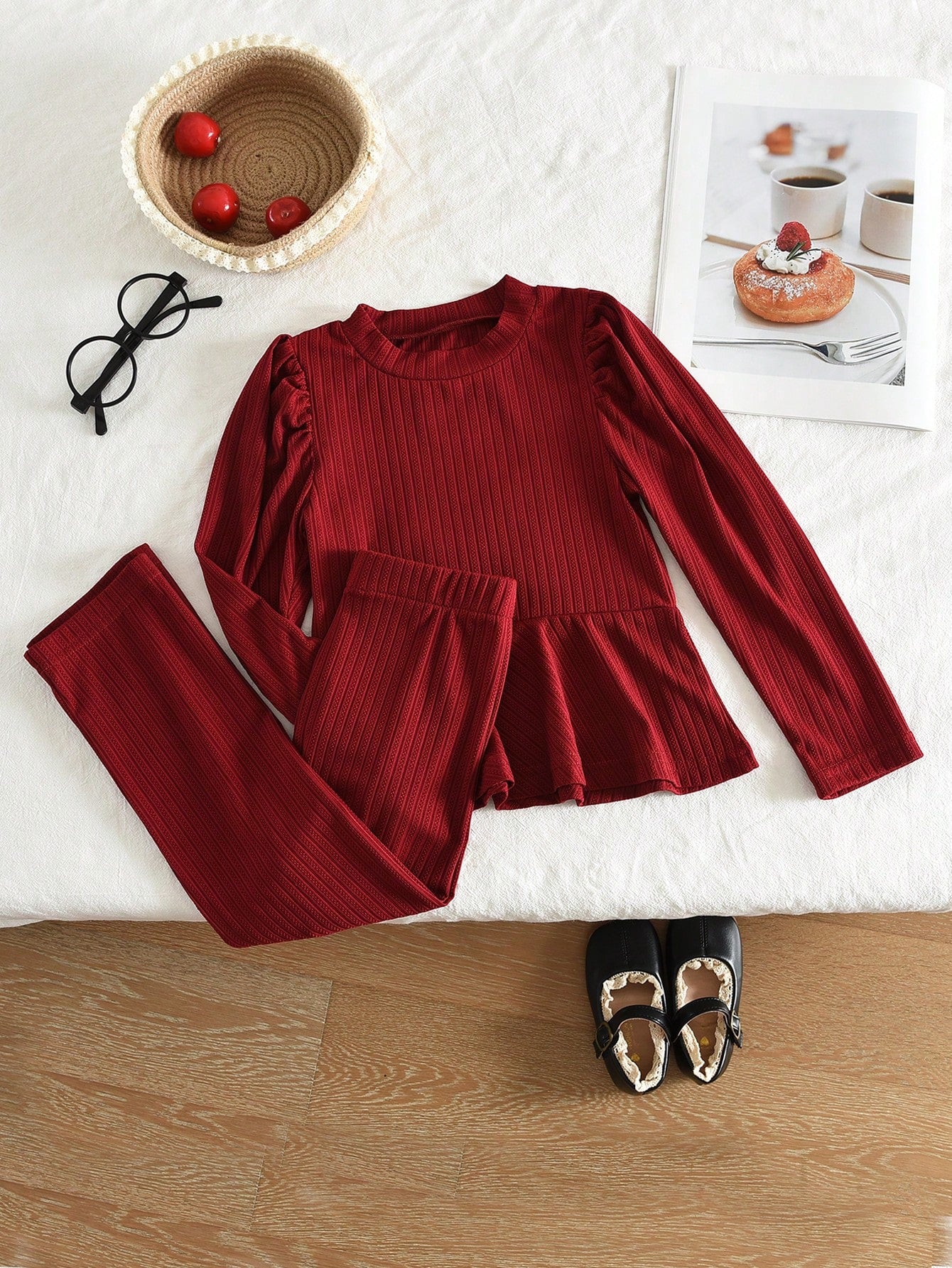 Young Girls Fashion Wine Red Long Sleeves Tops and Pants 2 Pieces Fall Spring Clothing Sets 3 to 7 Years