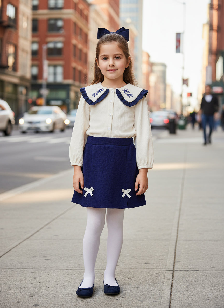 Young Girl Floral Embroidery Sailor Collar Top & Bow Front Skirt