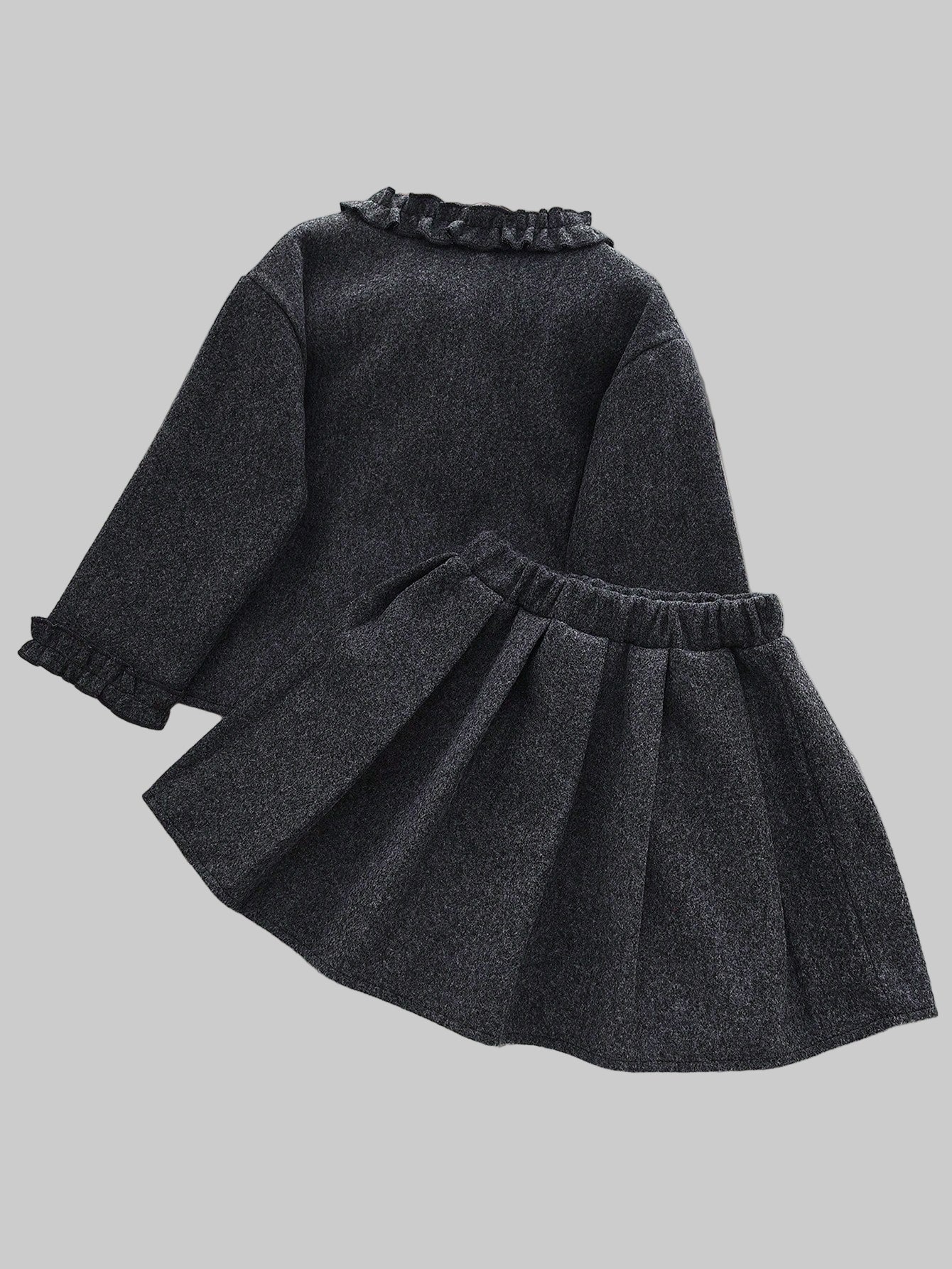 Winter Two Pieces Clothes Sets for Young Girls' Grey Tweed Long Sleeves Single Breasted Pocket Coat and Pleated Skirt for Young Girl Suits