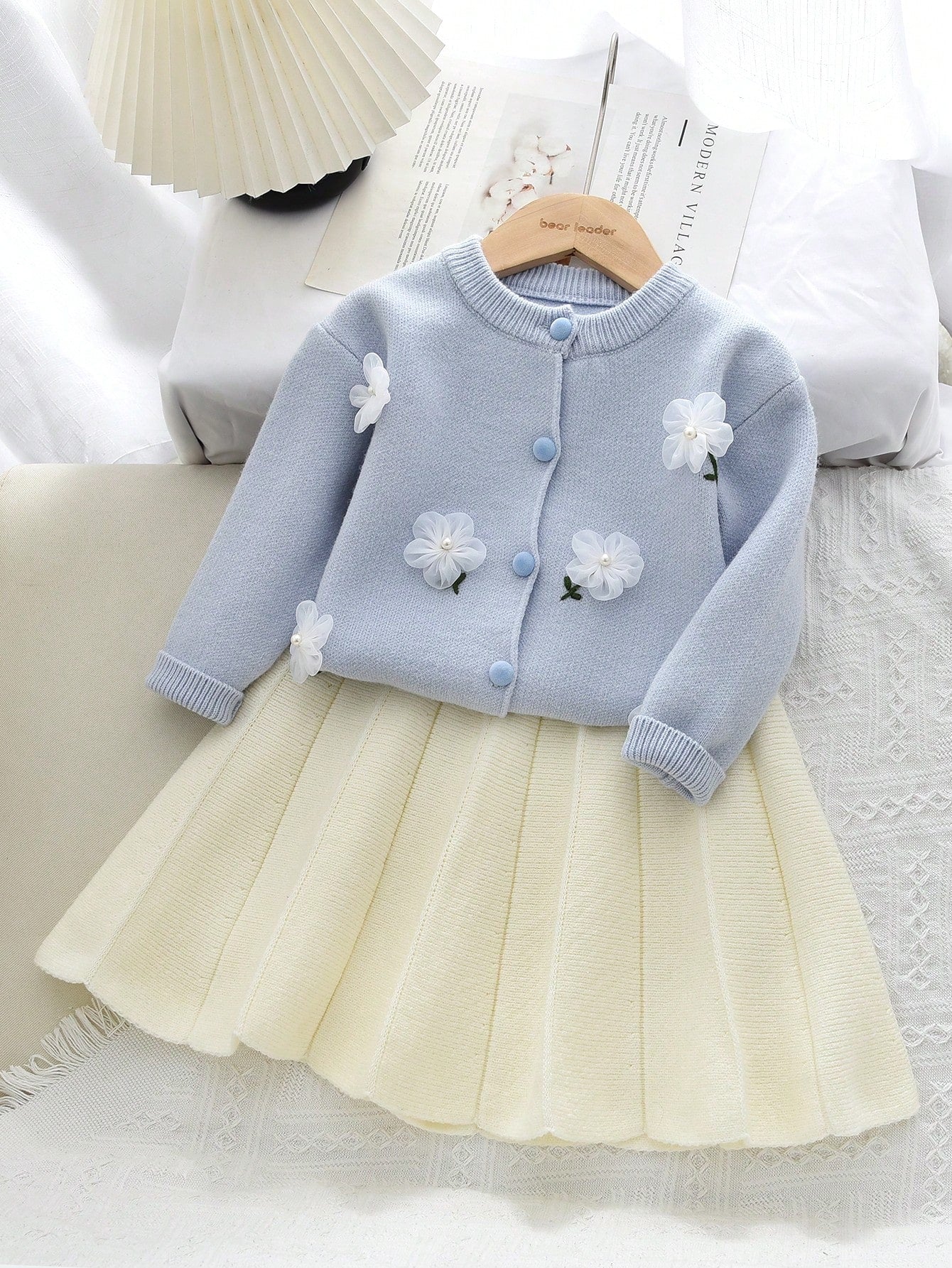 2Pcs/Set Young Girl Cute Long Sleeve Fruit Print Top and Pleated Skirt Set, Autumn/Winter