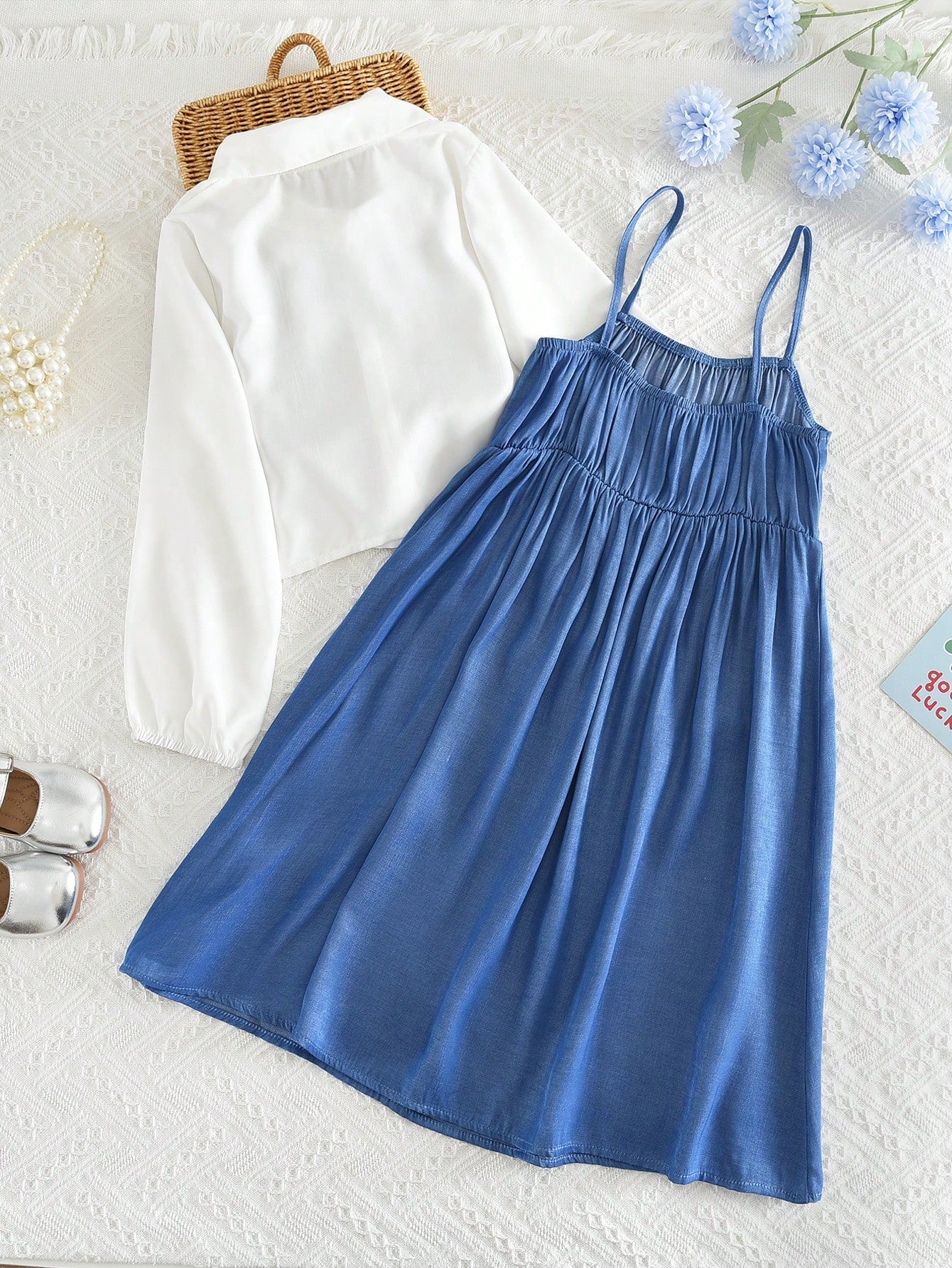 Tween Girls Dresses Sets Fall White Long Sleeves Shirt Jacket and Cute Bow Denim-Effect Lip Vestidoes 2 Pieces Fashion Clothes