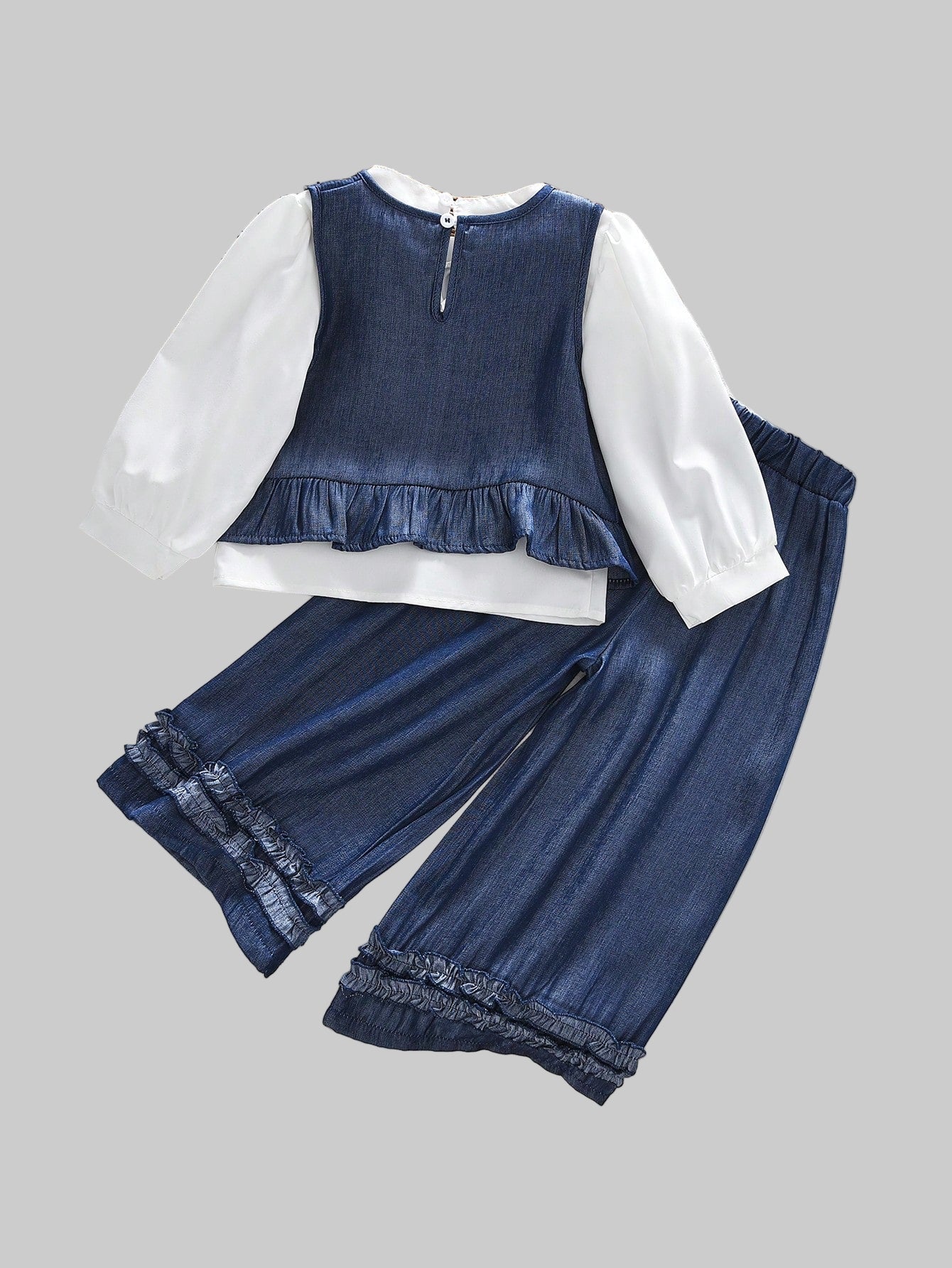 3 Pieces Fall Denim-Effect Pocket Sleeveless Top and White Long Sleeves Shirt & Solid Color Wide Leg Pants for Young Girls' Spring Clothes Sets