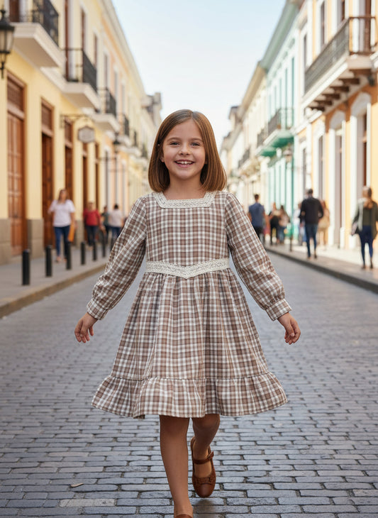 Young Girls Plaid Hollow Lace Square Collar Long Sleeves Dress Fall and Spring Clothes Fashion