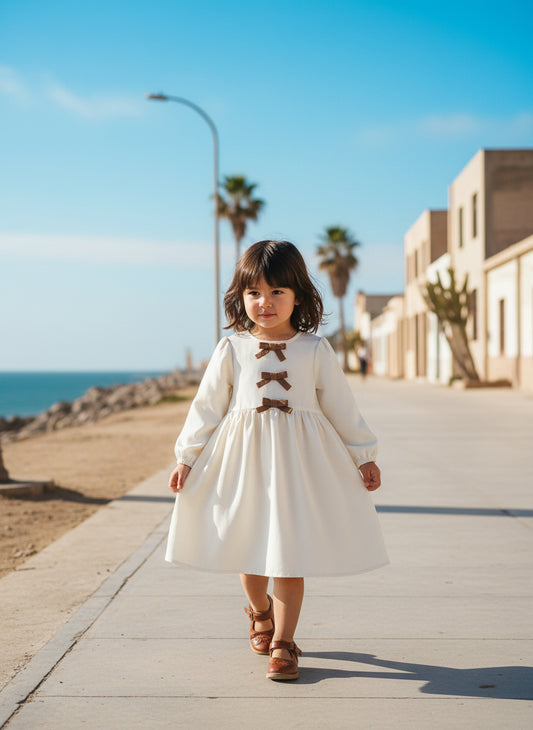 Young Girls Cute Bow Long Sleeve Fall Dress Fashion Casual Wear Spring Clothes for Young Girl