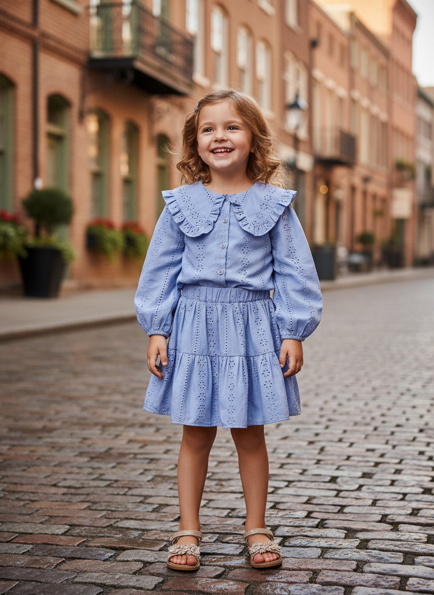 Young Girls Hollow Embroidered Lapel Shirt and Skirt Two Pieces Fall Spring Clothes Sets for Kids Style Casual Wear