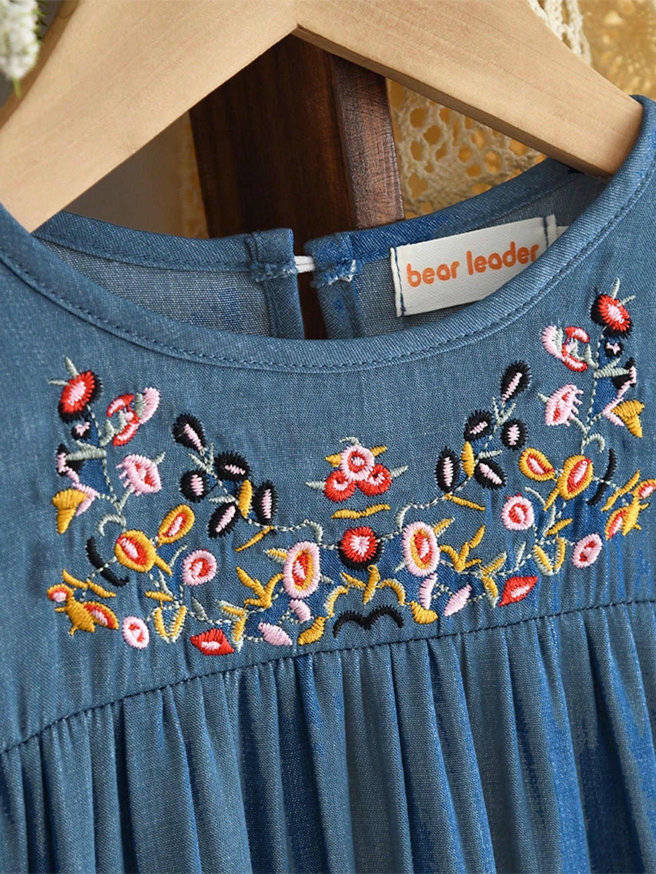 Young Girls' Denim-Effect Long Sleeves Floral Embroidered Dress Fall and Spring Clothes for Young Girl Casual Wear