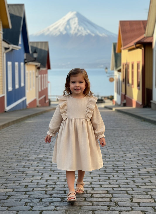 Young Girl'S Casual Ruffle Trim Long Sleeve Dress, Spring Autumn