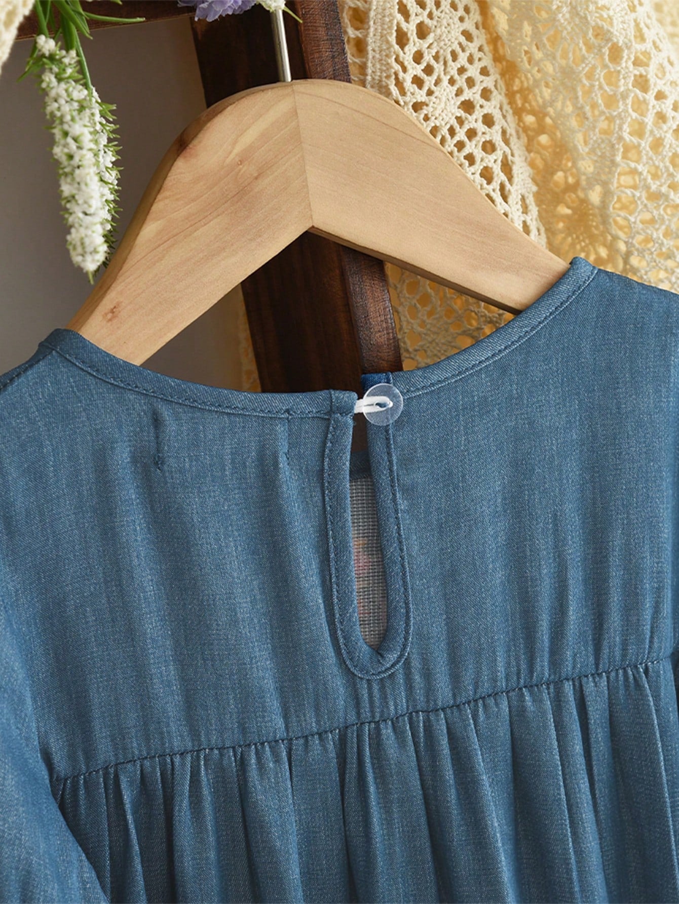 Young Girls' Denim-Effect Long Sleeves Floral Embroidered Dress Fall and Spring Clothes for Young Girl Casual Wear