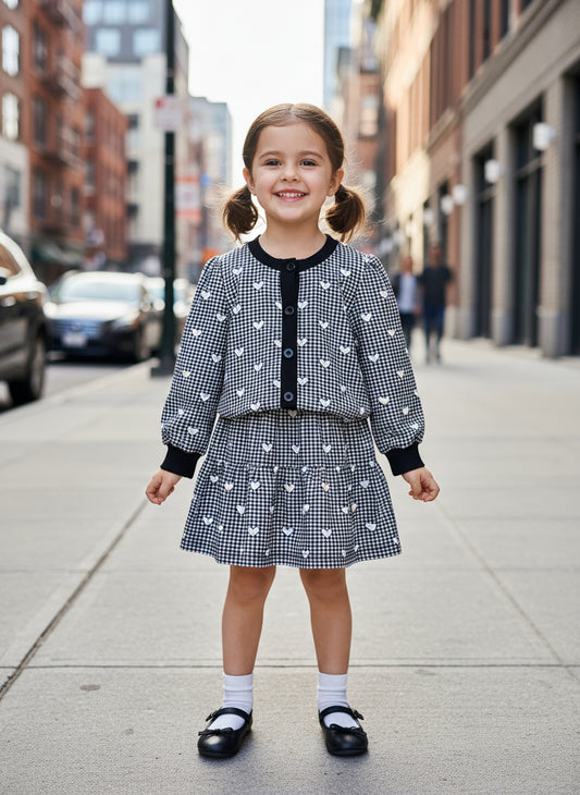 Young Girls Plaid Love Printing Long Sleeves Single Breasted Cardigan Top and Skirt Two Pieces Fall Spring Clothes Sets