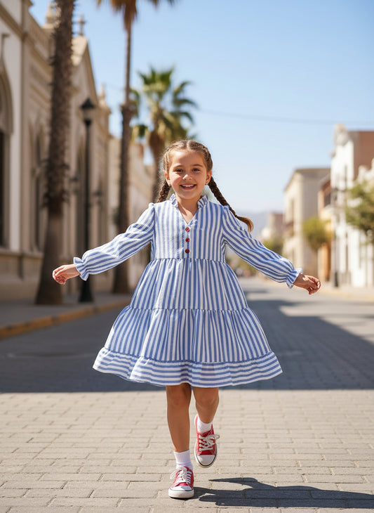 Fall White and Blue Stripes Long Sleeves Dress for Young Girls Spring V-Neck Red Button Fashion Style Clothes Kids Casual Wear 3 to 7 Years