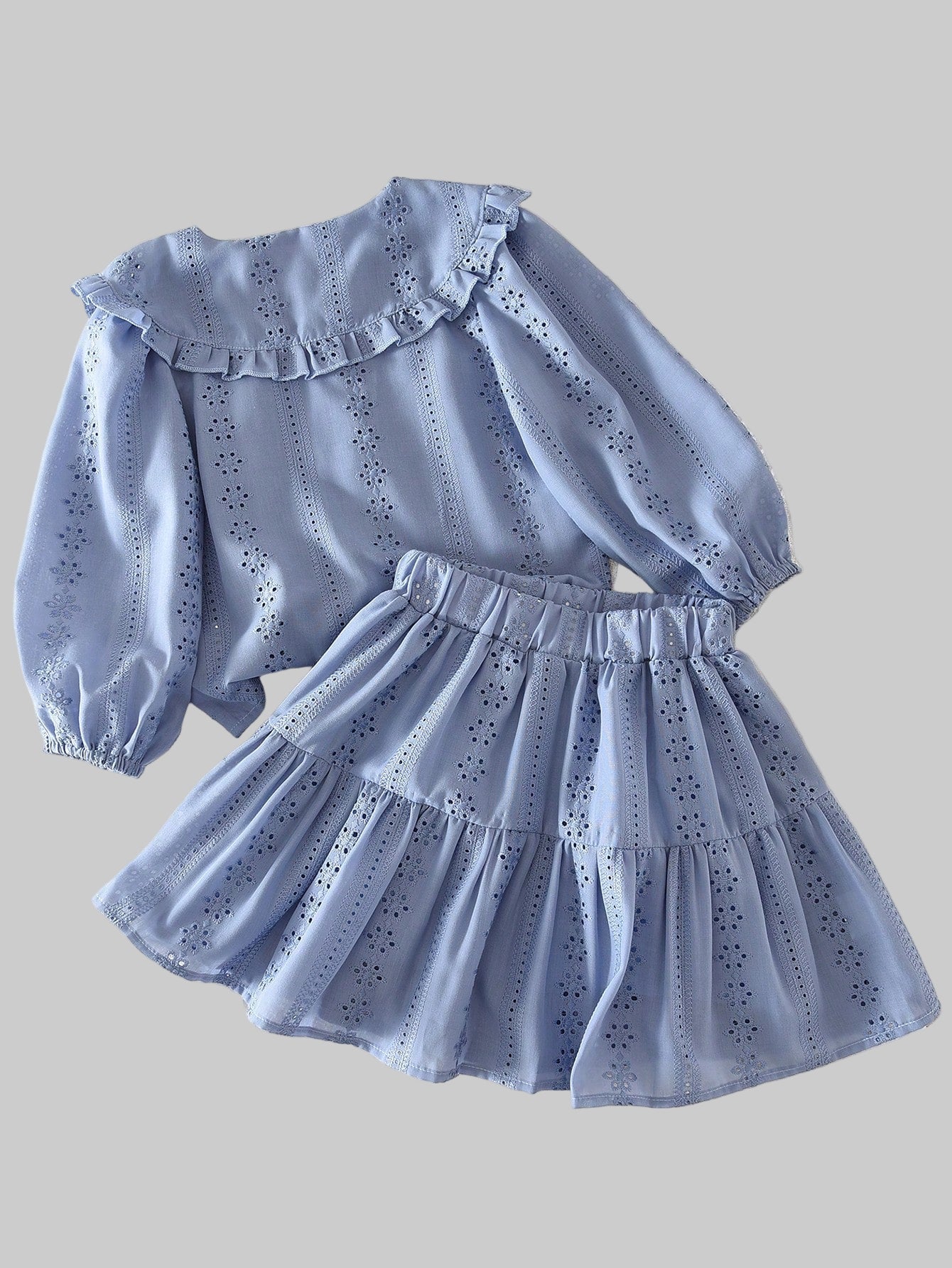 Young Girls Hollow Embroidered Lapel Shirt and Skirt Two Pieces Fall Spring Clothes Sets for Kids Style Casual Wear