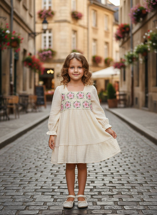 Fall Knitting Flower Long Sleeves Dress for Young Girls Cotton Solid Color Clothes Spring Casual Wear