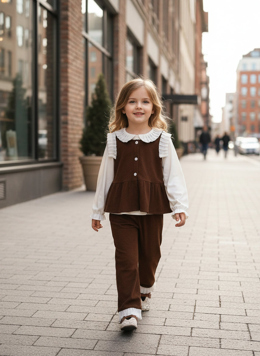 3 Pieces Clothes Sets for Tween Girls Fall Solid Color Basic Long Sleeves Tops, Brown Tamk Vest and Lace Wide Leg Pants Fashion Outwear