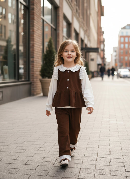 3 Pieces Clothes Sets for Tween Girls Fall Solid Color Basic Long Sleeves Tops, Brown Tamk Vest and Lace Wide Leg Pants Fashion Outwear