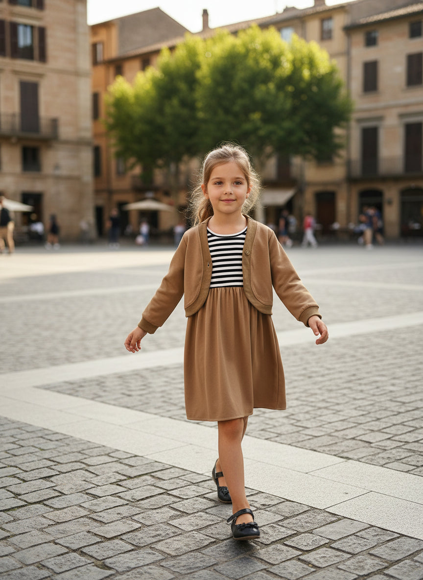 Toung Girls Fashion Solid Color Long Sleeves Coat and Stripes Patchwork Dress Two Pieces Clothes for Young Girl Casual Wear