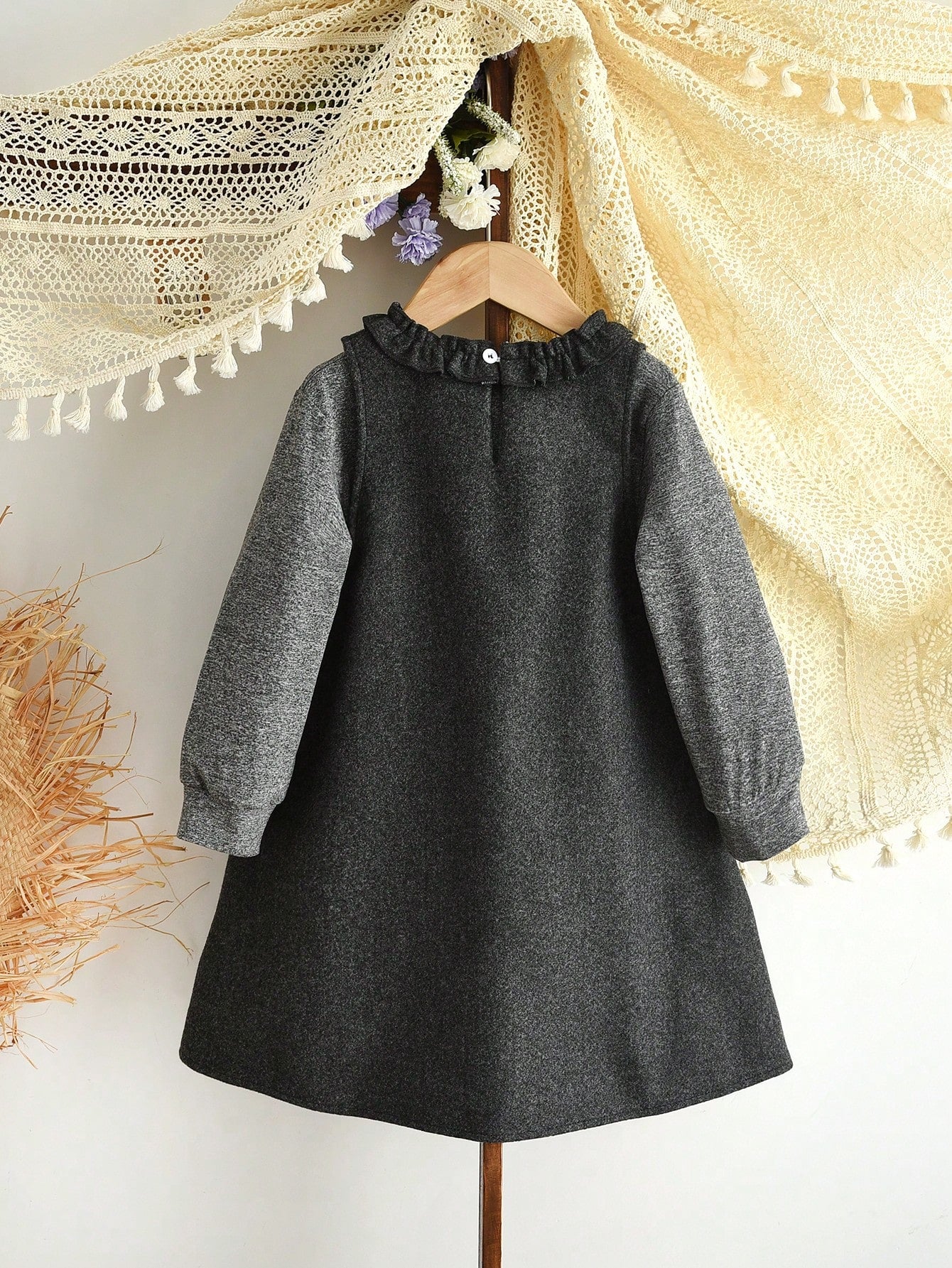 Young Girls Winter 2 Pieces Clothes Sets Solid Color Long Sleeves Basic Tops and Lace Vest Dress Casual Wear