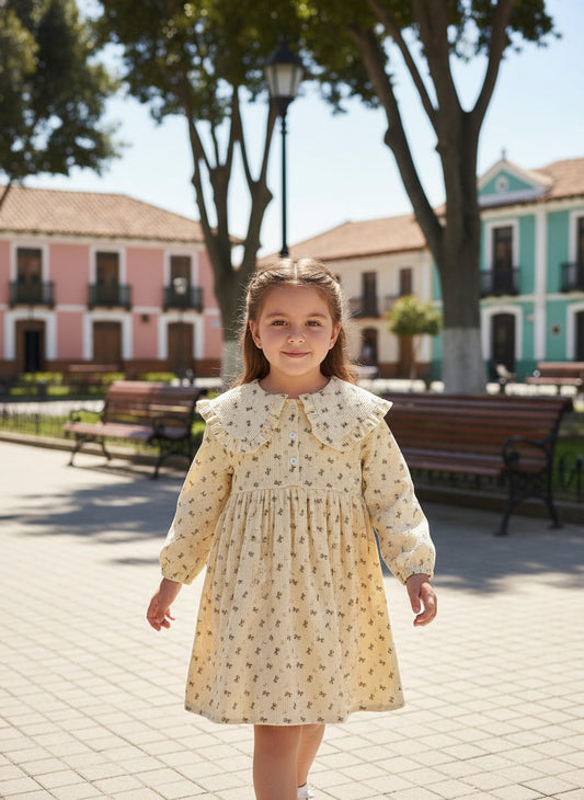 Young Girls Bow Printing Turn-Down Collar Long Sleeves Corduroy Dress Fall Casual Wear Clothes for Young Girl 3 to 7 Years