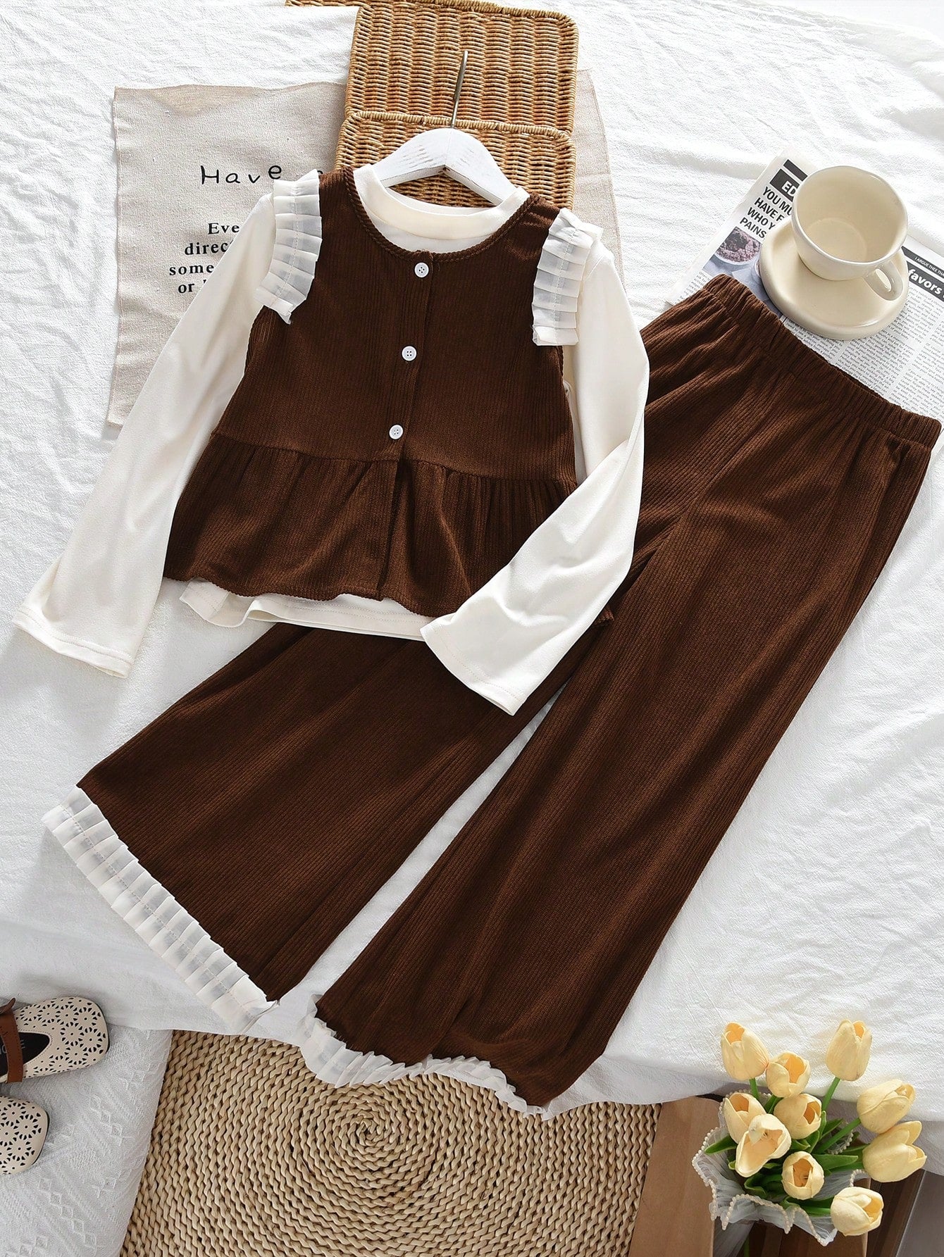 3 Pieces Clothes Sets for Tween Girls Fall Solid Color Basic Long Sleeves Tops, Brown Tamk Vest and Lace Wide Leg Pants Fashion Outwear