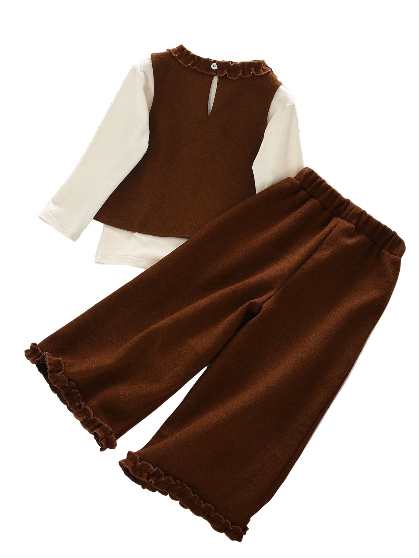 Young Girls 3Pcs Casual Plain Half Collar Base Shirt & Side Pockets Vest & Lace Trousers for Autumn and Wintter