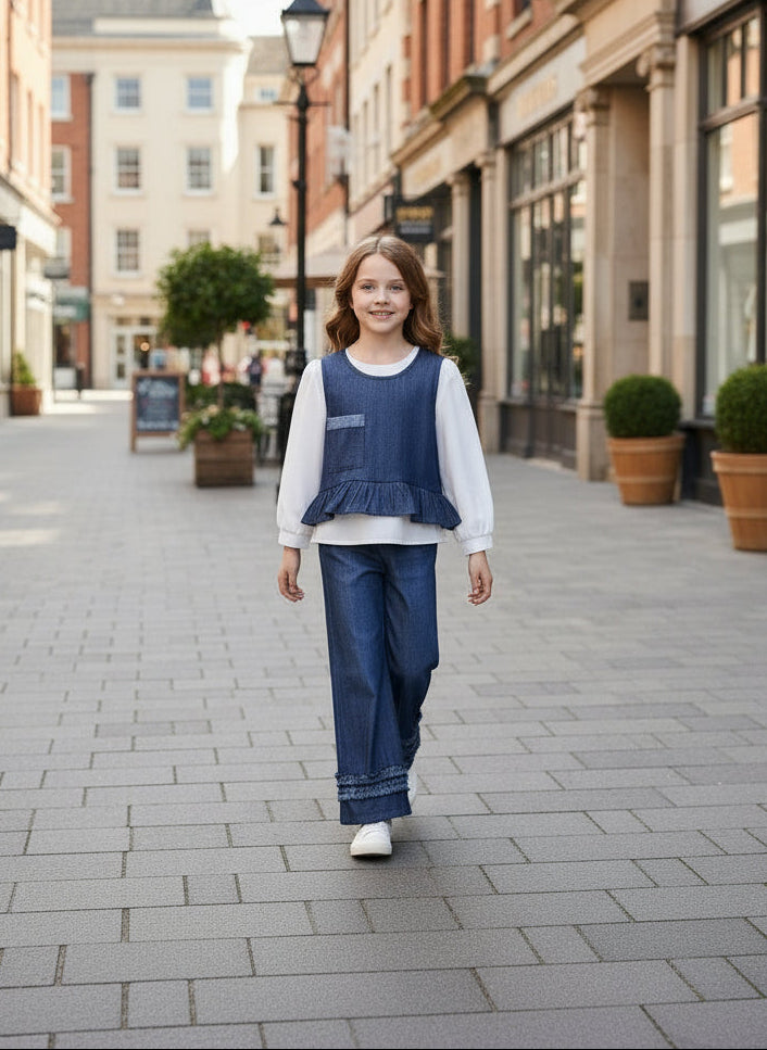 3 Pieces Fall Denim-Effect Pocket Sleeveless Top and White Long Sleeves Shirt & Solid Color Wide Leg Pants for Young Girls' Spring Clothes Sets