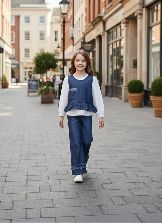 3 Pieces Fall Denim-Effect Pocket Sleeveless Top and White Long Sleeves Shirt & Solid Color Wide Leg Pants for Young Girls' Spring Clothes Sets