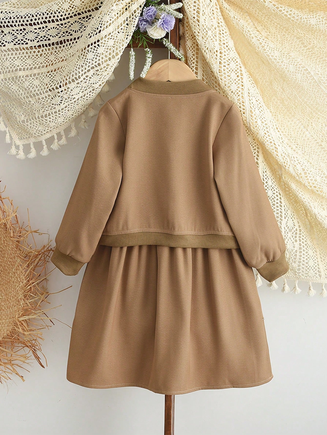 Toung Girls Fashion Solid Color Long Sleeves Coat and Stripes Patchwork Dress Two Pieces Clothes for Young Girl Casual Wear