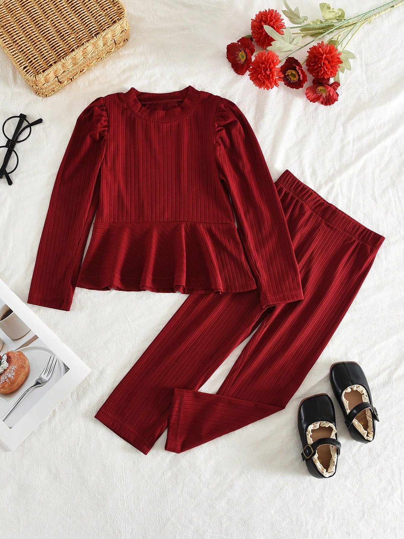 Young Girls Fashion Wine Red Long Sleeves Tops and Pants 2 Pieces Fall Spring Clothing Sets 3 to 7 Years
