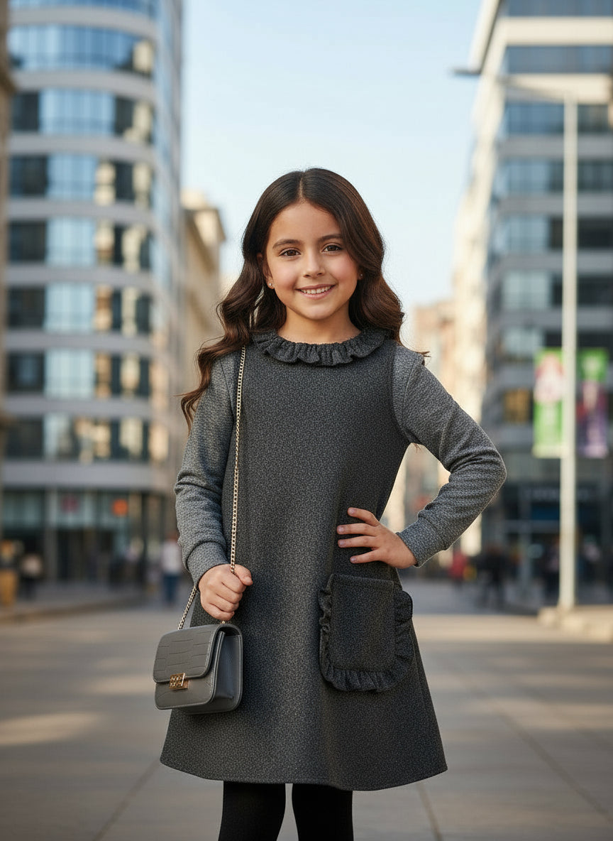 Young Girls Winter 2 Pieces Clothes Sets Solid Color Long Sleeves Basic Tops and Lace Vest Dress Casual Wear