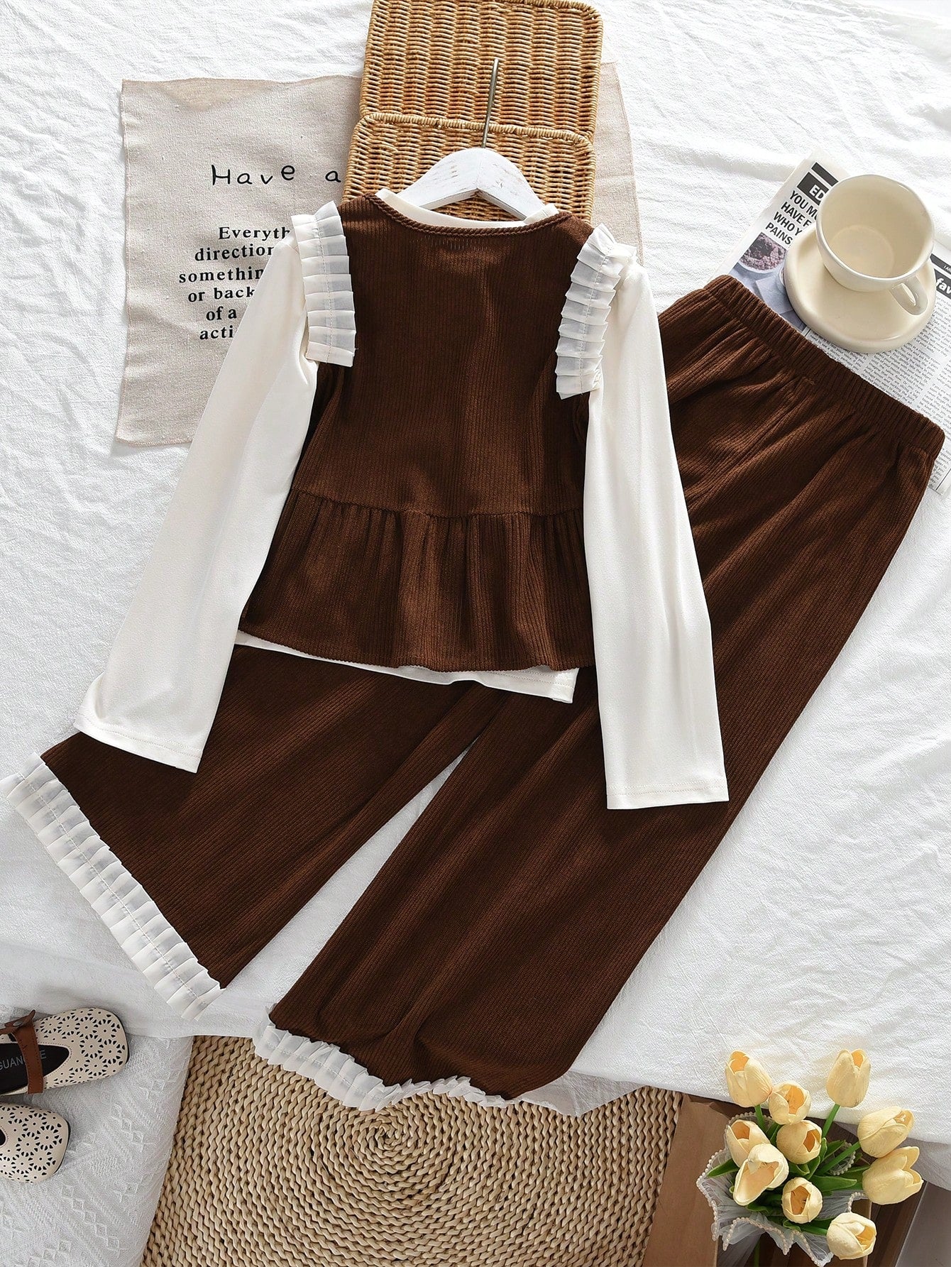 3 Pieces Clothes Sets for Tween Girls Fall Solid Color Basic Long Sleeves Tops, Brown Tamk Vest and Lace Wide Leg Pants Fashion Outwear