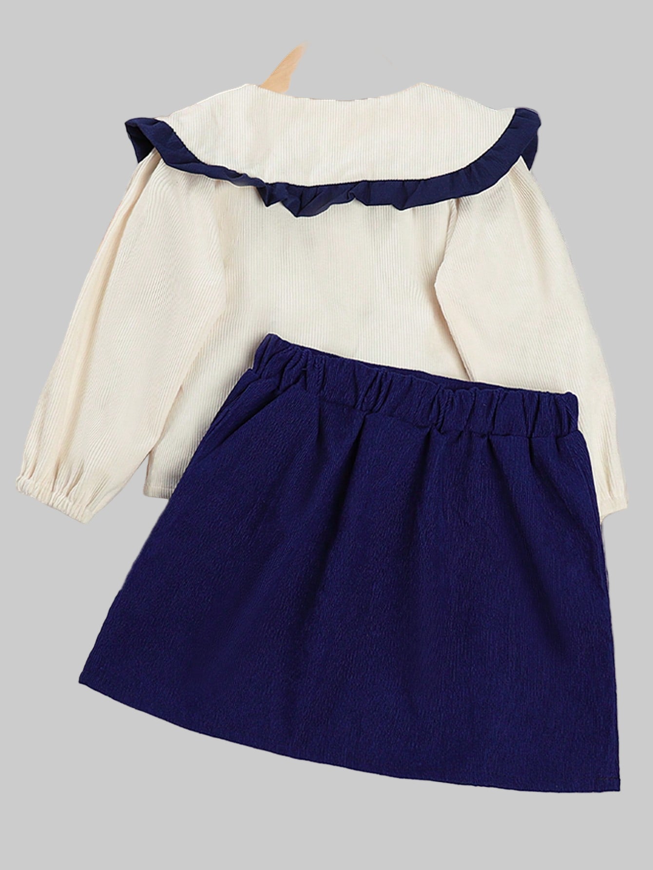 Young Girl Floral Embroidery Sailor Collar Top & Bow Front Skirt