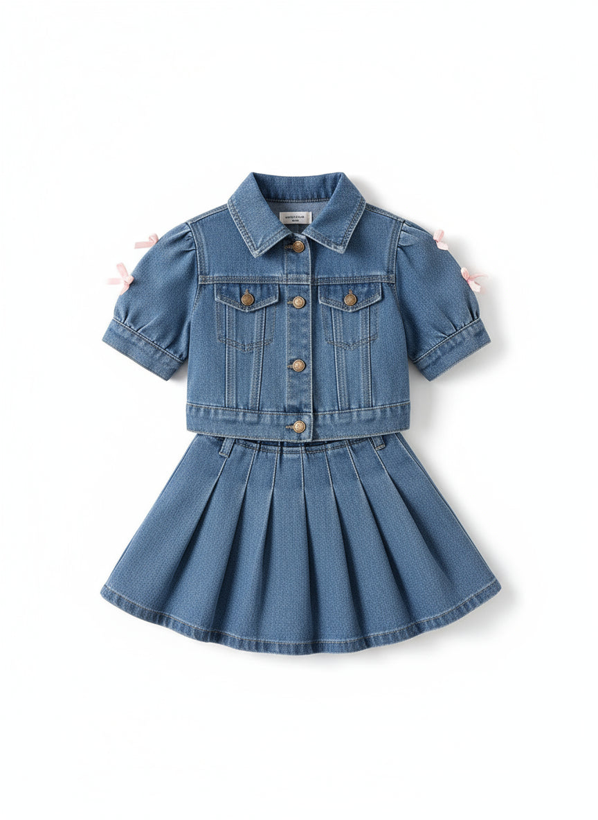 Young Girl Casual Cute Color-Block Short Sleeve Button-Up Top with Bow Detail and Pleated Denim Skirt Set