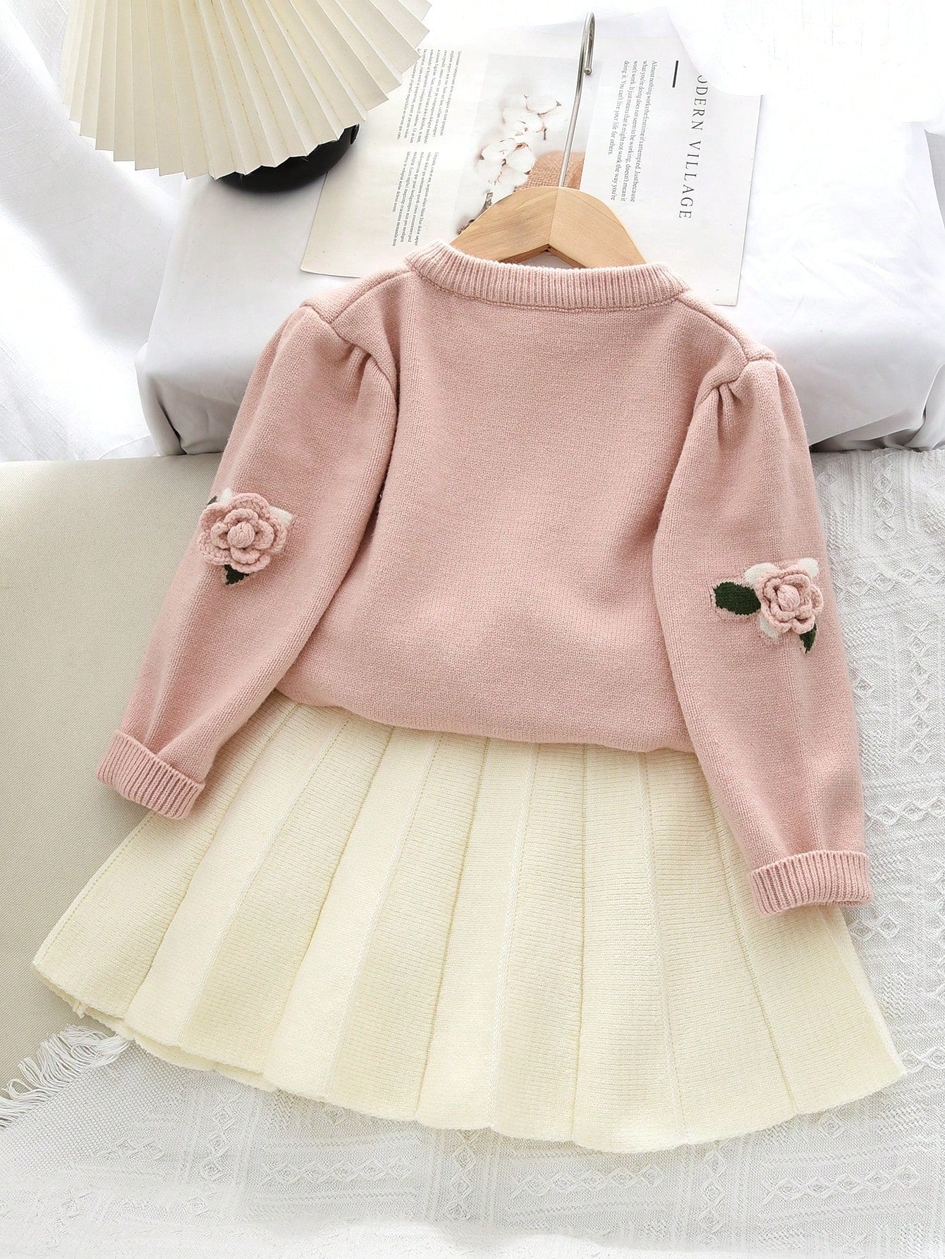 2Pcs/Set Young Girl Cute Long Sleeve Fruit Print Top and Pleated Skirt Set, Autumn/Winter