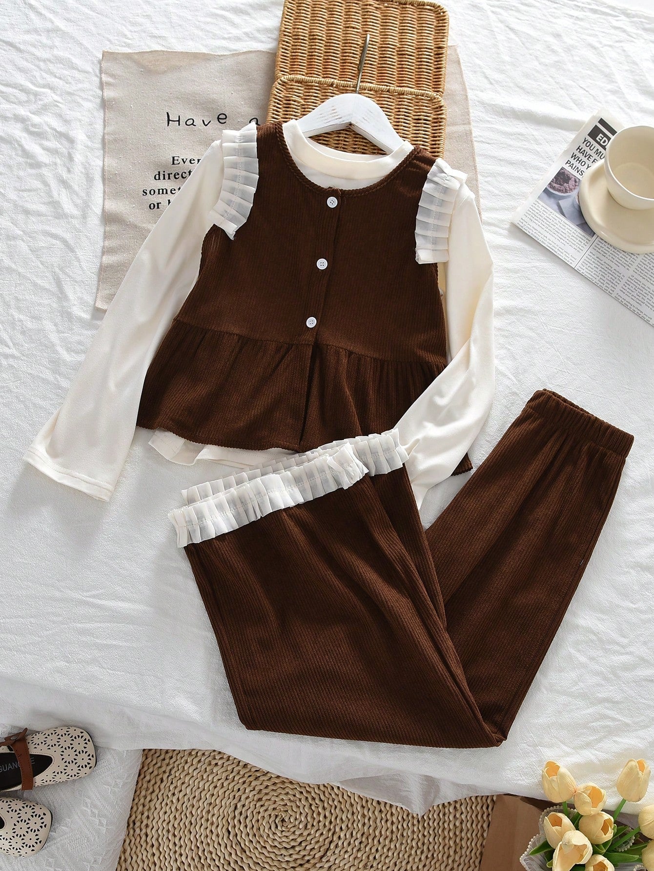 3 Pieces Clothes Sets for Tween Girls Fall Solid Color Basic Long Sleeves Tops, Brown Tamk Vest and Lace Wide Leg Pants Fashion Outwear