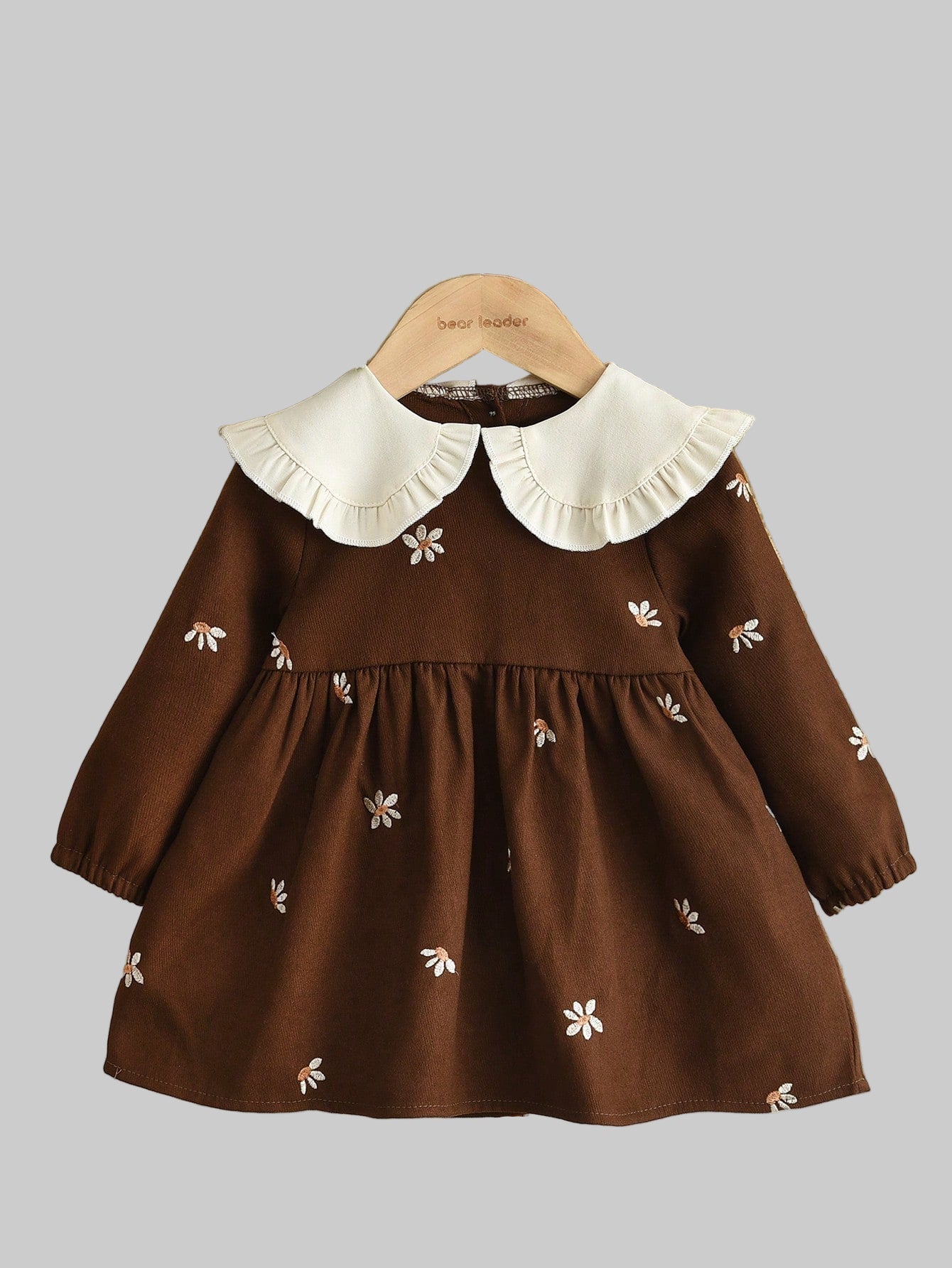 Baby Girls Fall Flower Embroidered Long Sleeves Dress Fashion Turn-Down Collar Toddler Clothes from 6 Months to 3 Years Old