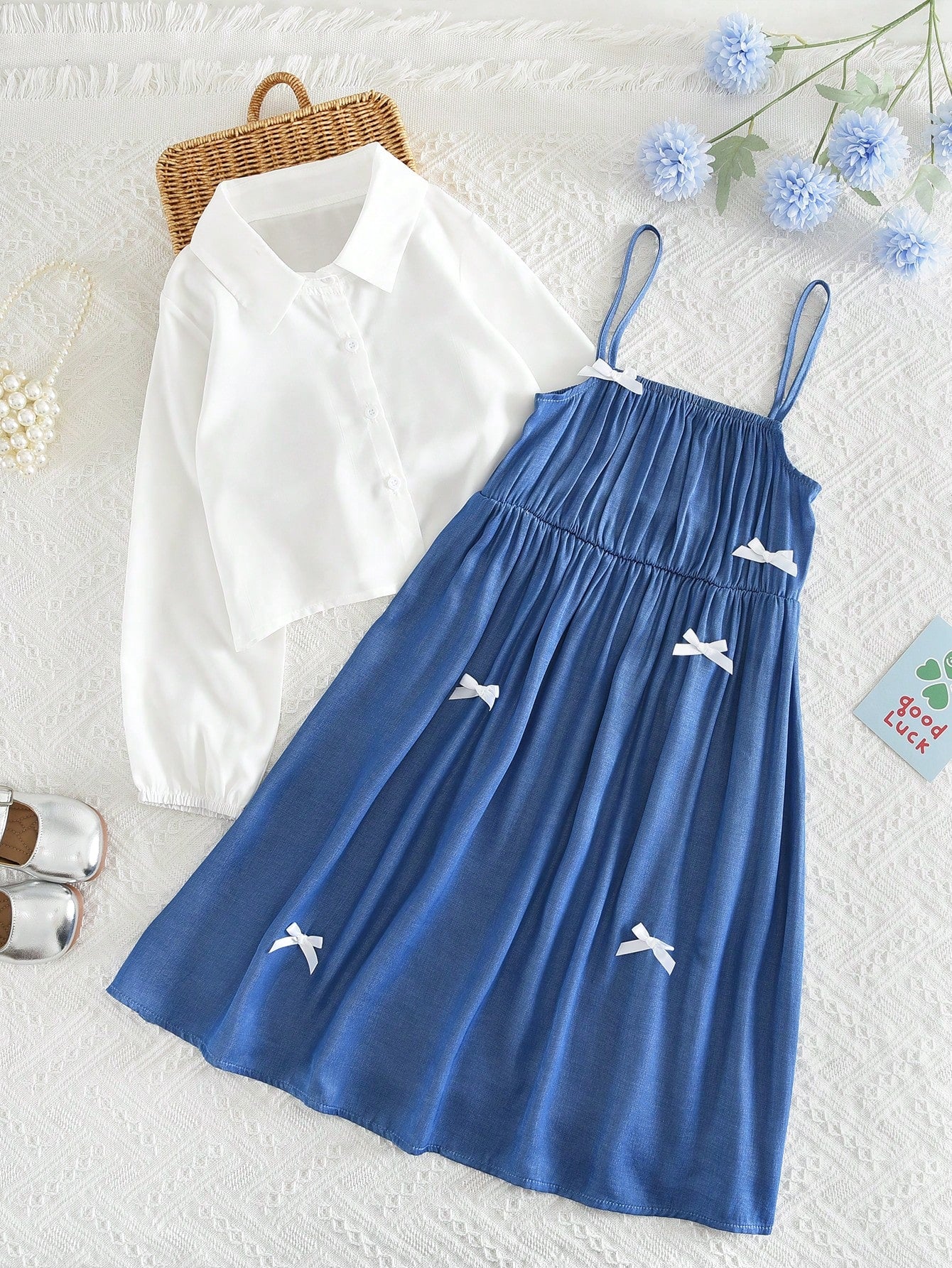 Tween Girls Dresses Sets Fall White Long Sleeves Shirt Jacket and Cute Bow Denim-Effect Lip Vestidoes 2 Pieces Fashion Clothes