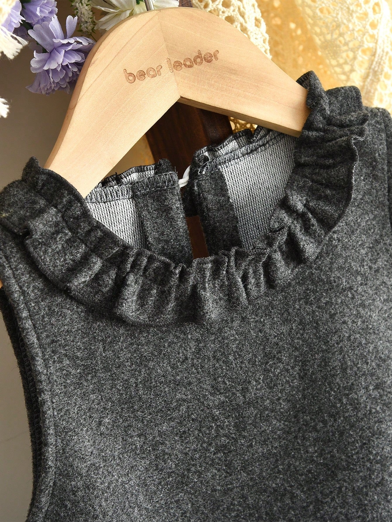 Young Girls Winter 2 Pieces Clothes Sets Solid Color Long Sleeves Basic Tops and Lace Vest Dress Casual Wear