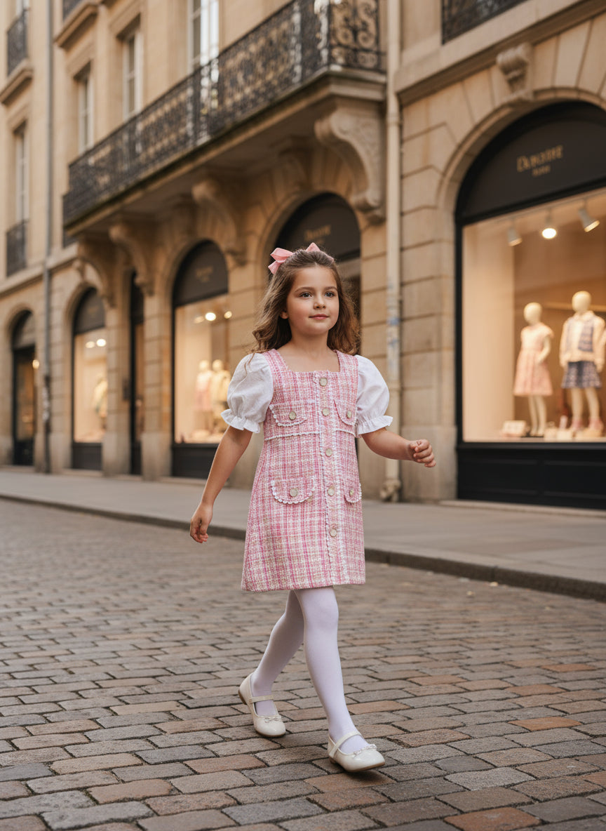 Young Girl Elegant Puff Sleeve Plaid Dress with Pearl Button, Summer