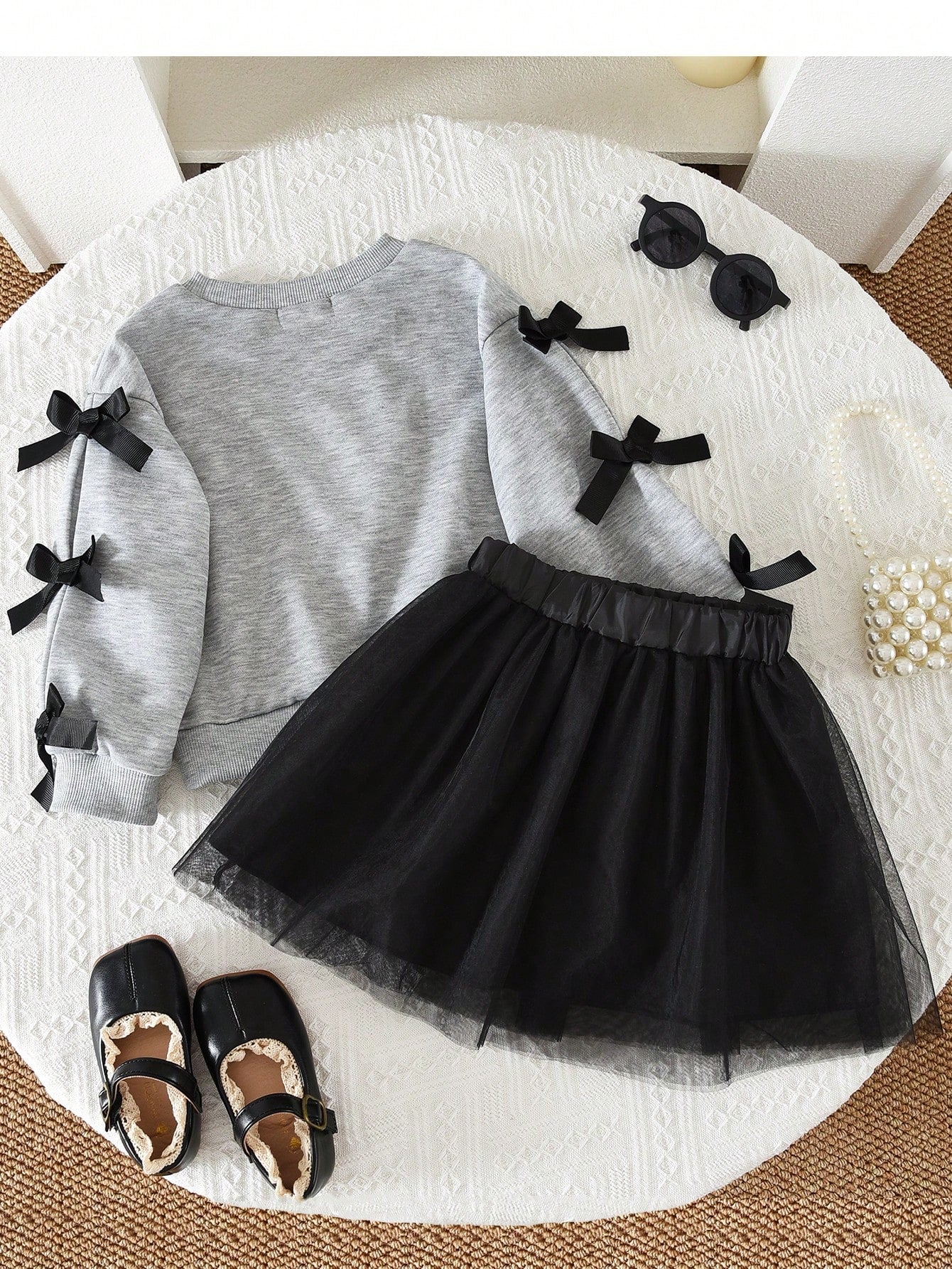 Young Girls Cute Bow Long Sleeves Sweatershirt-Like Top and Mesh Skirt Two Pieces Clothes Sets Fall and Spring Outfits