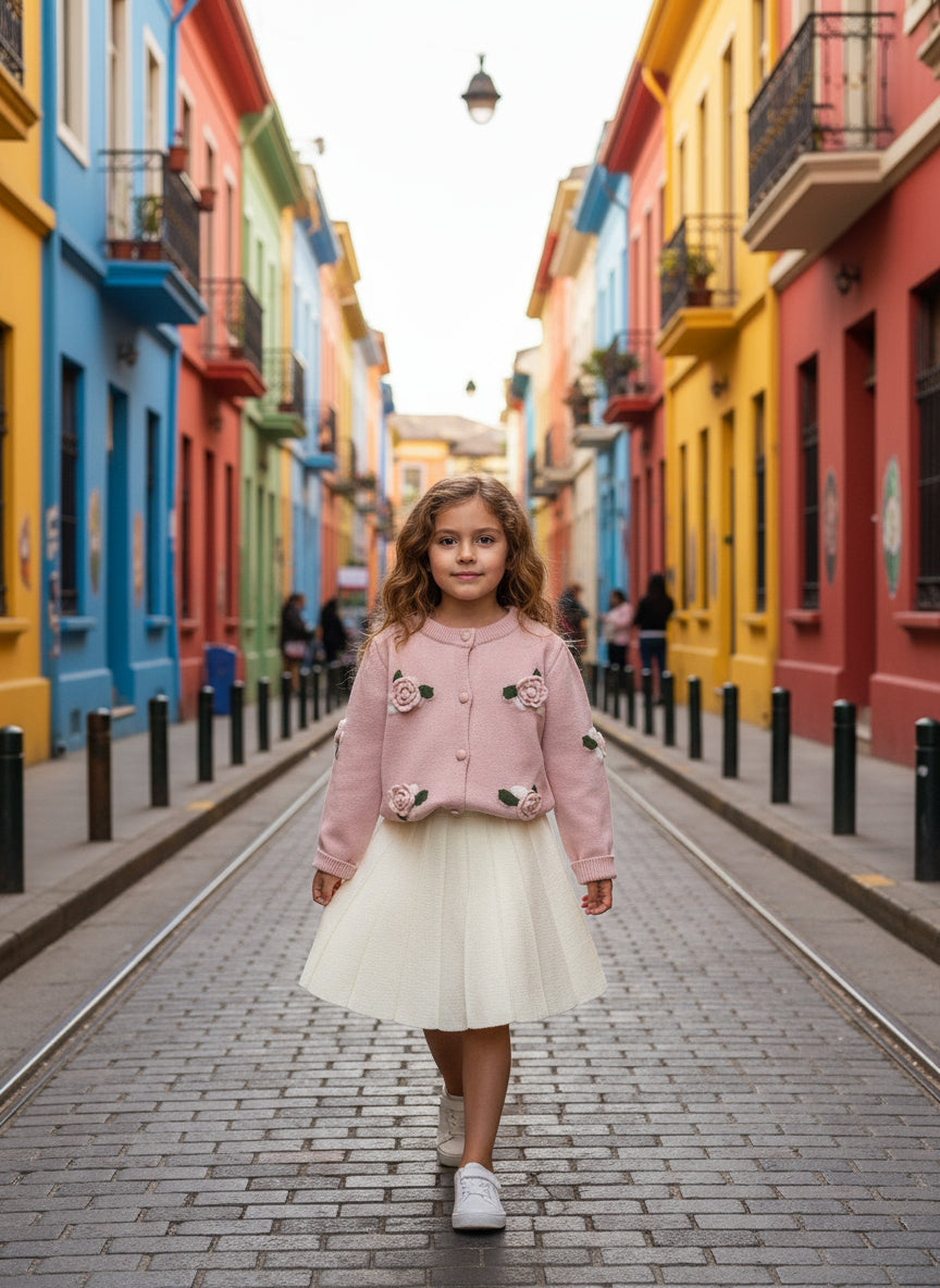 2Pcs/Set Young Girl Cute Long Sleeve Fruit Print Top and Pleated Skirt Set, Autumn/Winter