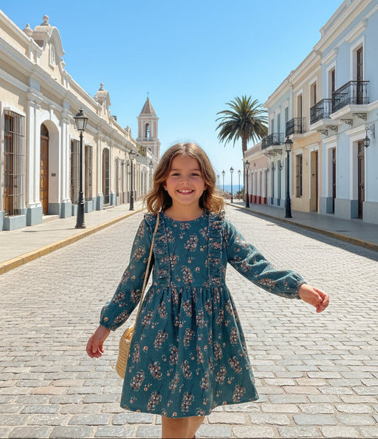 Young Girl Casual Ruffle Trim round Neck Long Sleeve Floral Dress for Autumn and Winter