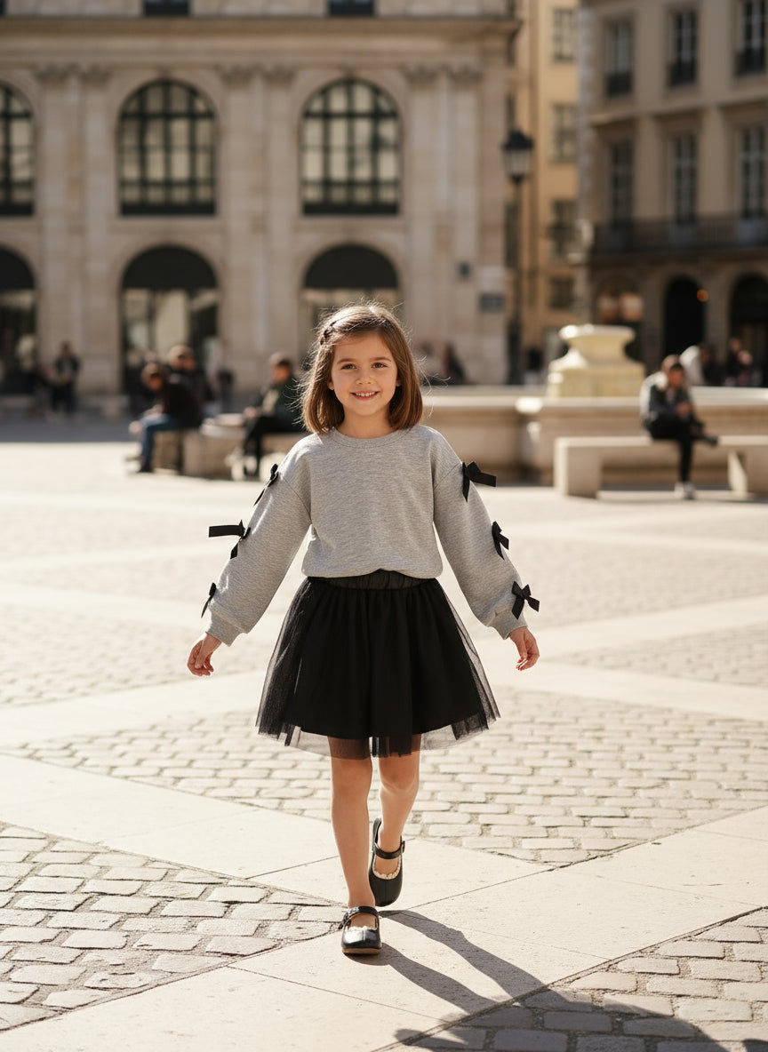 Young Girls Cute Bow Long Sleeves Sweatershirt-Like Top and Mesh Skirt Two Pieces Clothes Sets Fall and Spring Outfits