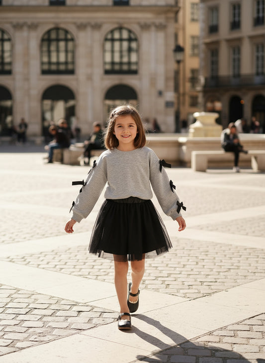 Young Girls Cute Bow Long Sleeves Sweatershirt-Like Top and Mesh Skirt Two Pieces Clothes Sets Fall and Spring Outfits